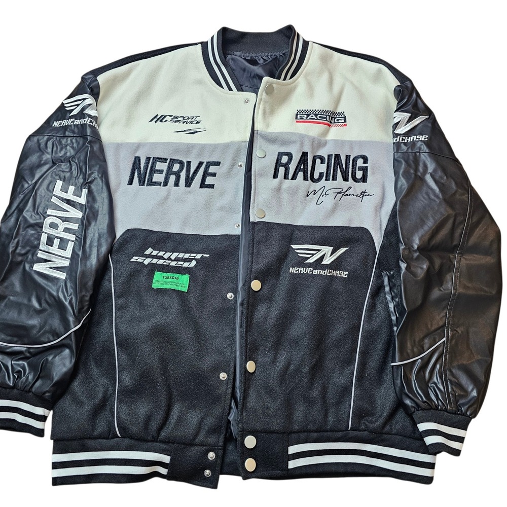 Nerve and Chase Racing Bomber Jacket Mens XXXL Black Grey Colorblock Varsity